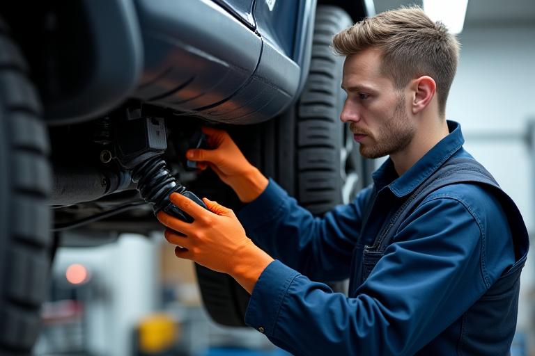 Mécanicien expert inspectant le dessous d'un 4x4 dans un garage propre